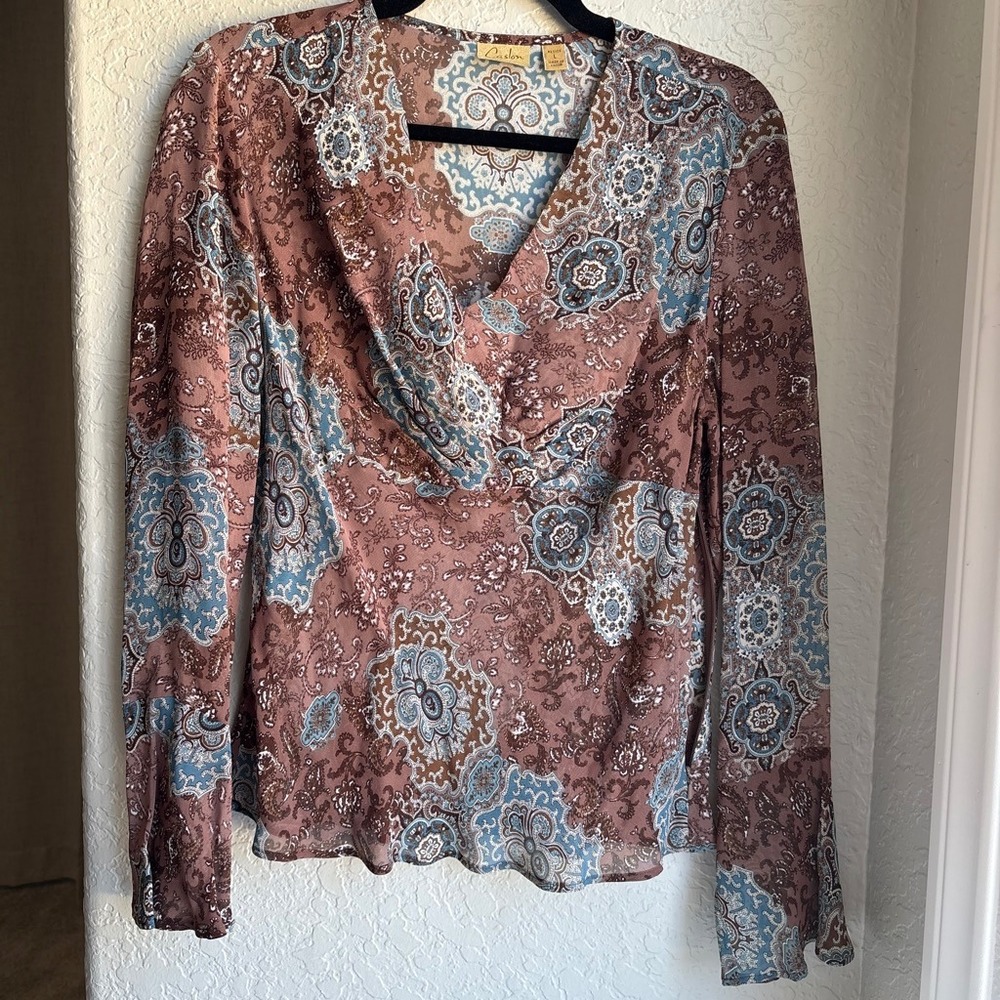 Caslon Women PL Y2K Blouse 90s  Brown Blue Bell Sleeve Paisley Draped Fairy